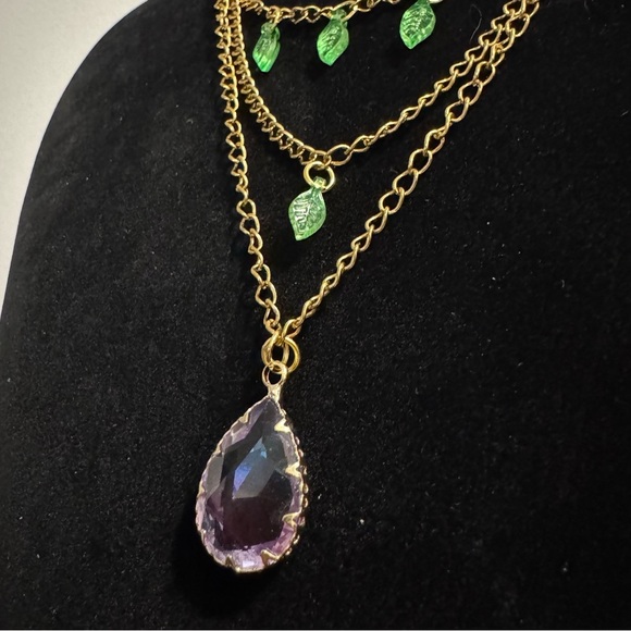 Fairycore Purple Ombre Crystal Pendant Green Leaf Necklace - Picture 8 of 16
